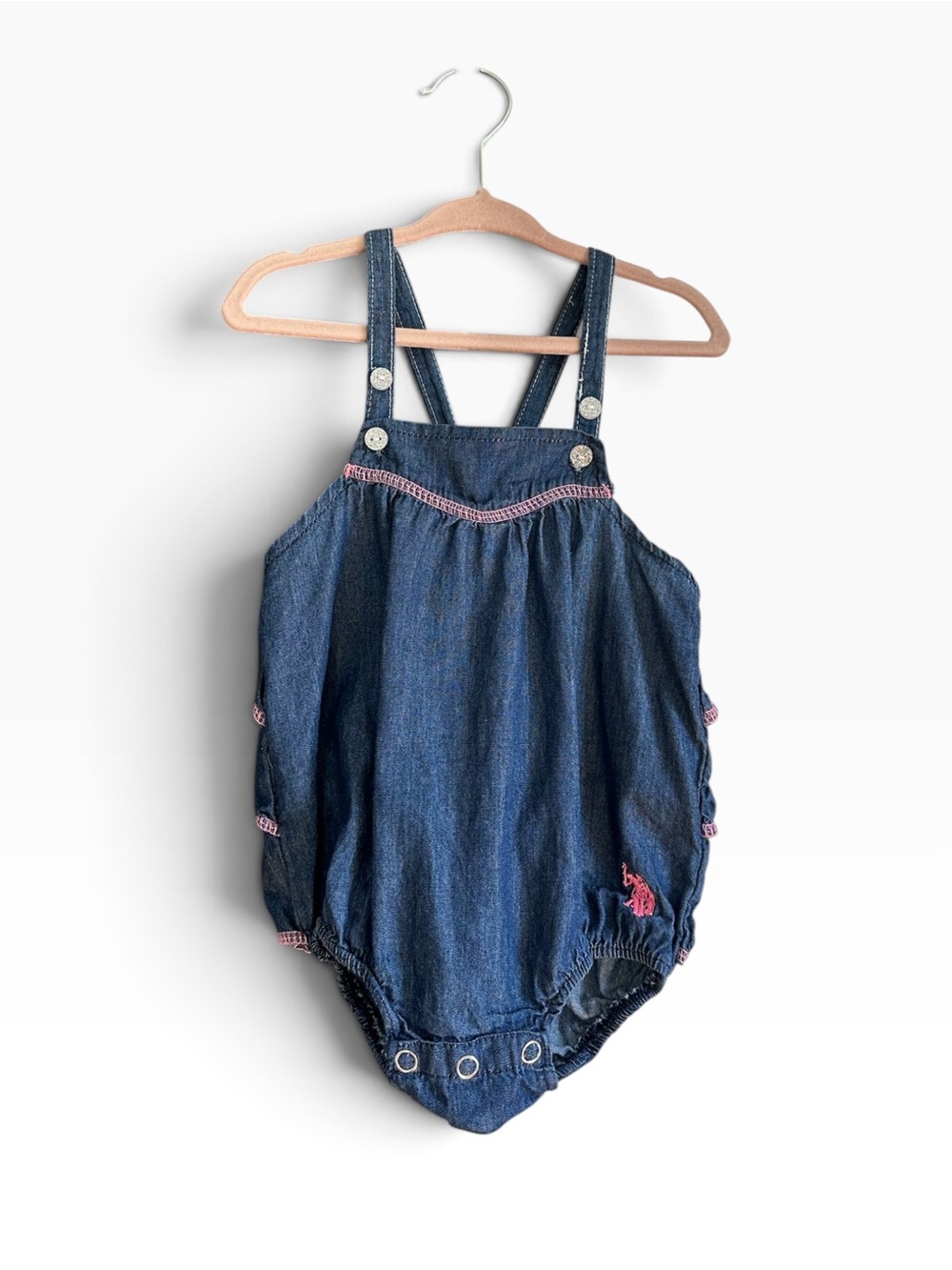 US Polo Assn Baby 6-9M Denim Ruffle Overall Romper Pink Embroidered Pony